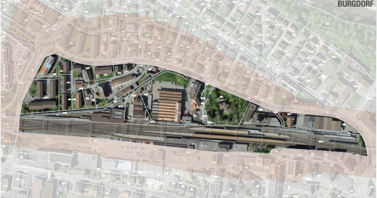 Der Projektperimeter Entwicklungsgebiet Bahnhof Nord, Eigene Darstellung basierend auf Orthophoto von swisstopo